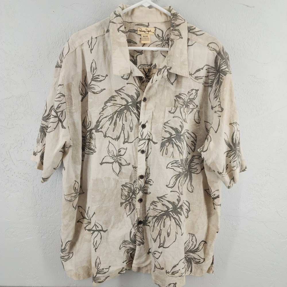 Panama Jack Mens XXL Beige Floral Ramie Cotton Short Sleeve Button Up Shirt